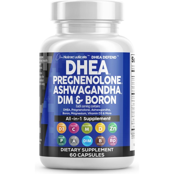 DHEA 200mg Supplement Pregnenolone 100mg for Men & Women with DIM Ashwagandha Boron 6mg Complex Calcium Magnesium Zinc 50mg Vitamin D3 5000 iu Hormone Support Capsules Pills - Made in USA 60 Ct