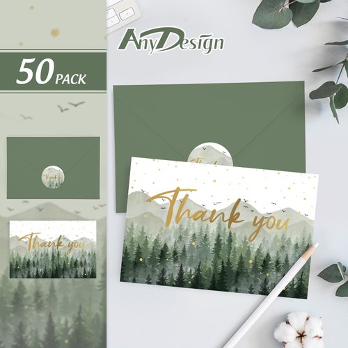 AnyDesign 50 Pack Green Forest Baby Shower Thank You Cards with Envelopes and Stickers Gold Foil Watercolor Nature Thank You Blank Note Cards for Wedding Birthday Bridal Shower Baby Shower, 4 x 6 Inch