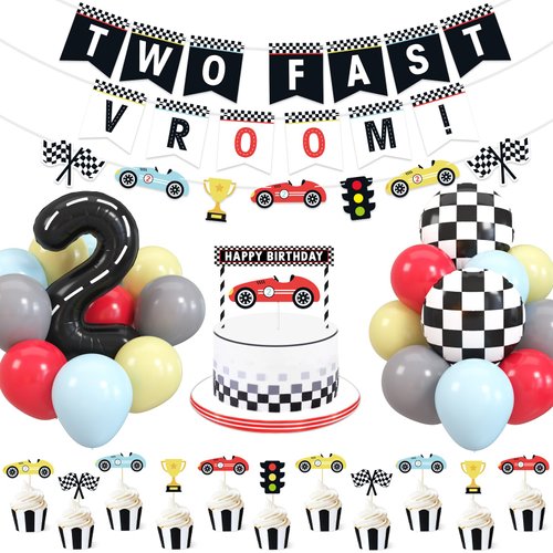 Bessmoso Vintage Two Fast Birthday Race Car Party Decorations Supplies Racing Theme 2nd Birthday Banner Cake Topper Checkered Flags Number Balloons for Let's go Racing Theme Sports Event Party Decor