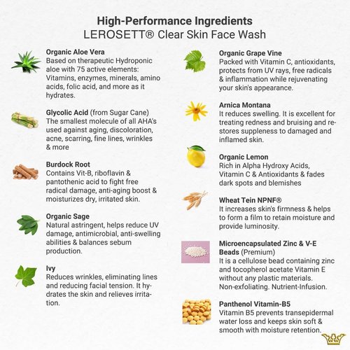 LEROSETT Face Wash for Clear Skin, Gentle Exfoliating Cleanser, Targets Pores, Blemishes & Oily Skin, Aloe-Based, 12 Botanicals, Glycolic Acid, Softens Skin, Vegan Non-Drying - 60-Day 6.7 oz.