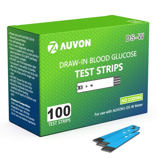 AUVON I-QARE DS-W Draw-in Blood Glucose Test Strips for use with AUVON DS-W Diabetes Sugar Testing Meter (No Coding Required, 100 Count)