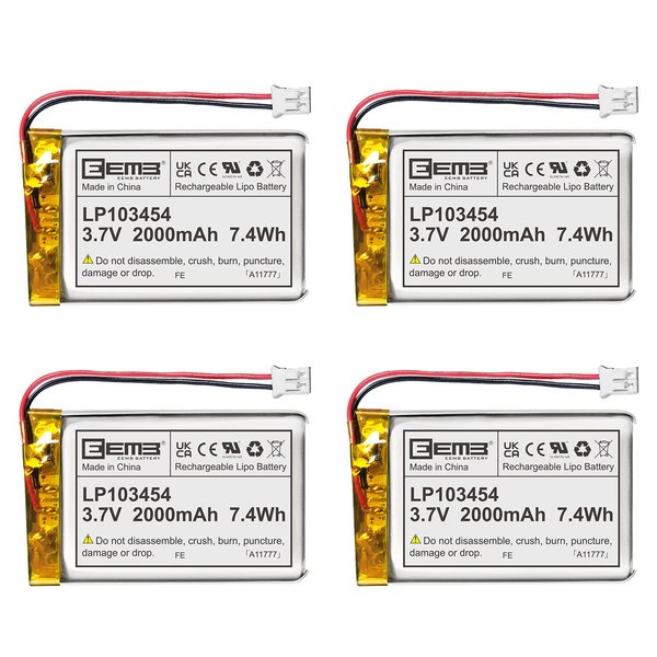 EEMB 4PACK Lithium Polymer Battery 3.7V 2000mAh 103454 Lipo Rechargeable Battery Pack with Wire JST Connector for Speaker and Wireless Device- Confirm Device & Connector Polarity Before Purchase