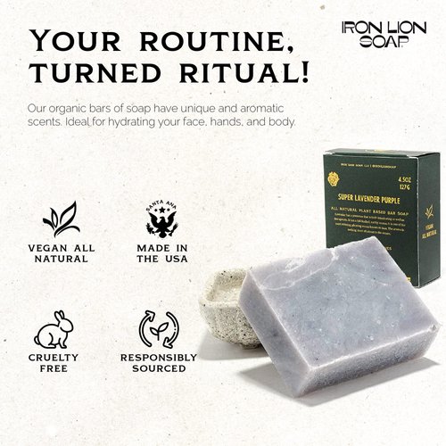 Iron Lion Soap - Lavender Organic Soap Bar - Made in USA - Plant Based, Vegan, Cold Process Handmade Soap - Moisturizing Bath Soaps for All Skin Types - (3 Pack)