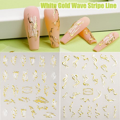 12 Sheets Graffiti Nail Art Stickers 3D White Black Gold Stripe Line Nail Decals Self-Adhesive Abstract Marble Wave Flower Leaf Stickers for Nail DIY Decoration Nail Accessories for Women French Nail