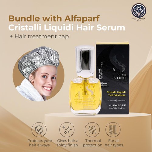 Alfaparf Sublime Cristalli Liquidi Hair oil serum Bundle with Beauty Nation treatment cap, sulfate free and vegan formula, Hair heat protectant 15ML