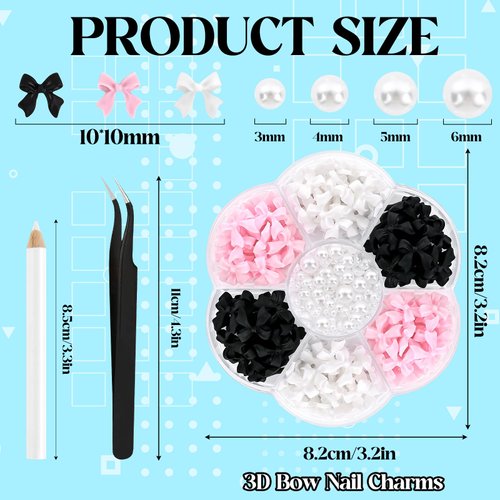 NACHLYNN 630 Pcs Bow Nail Charms White Pink Black Bowknot 3D Cute Nail Charms Flat Back Pearl White Flatback Pearl Beads for Nail DIY Art Crafts Resin Rhinestones Jewelry Decoration Accessories