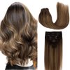 LIZ Hair Human Hair Extensions, 120g 7pcs Balayage Chocolate Brown to Caramel Blonde Hair Extensions Straight Remy Hair Extensions Clip in Human Hair 16 Inch Hair Extensions