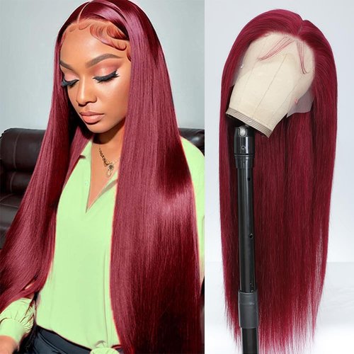 PiPiHA 99j Burgundy Lace Front Wigs Human Hair Straight Lace Front Wigs Human Hair Pre Plucked 13x4 HD Glueless Red Human Hair Wigs For Women 180% Density (34 Inch, 99j)