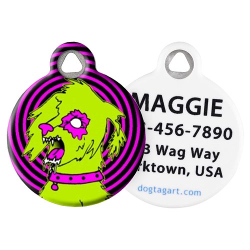 Dog Tag Art Halloween Zombie Custom Pet ID Tag for Dogs and Cats, Personalized Dog Tag with Customized Identification Information, Zombie Poodles on The Loose, Small (7/8" Diameter)