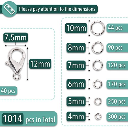 Mr. Pen- Open Jump Rings, Silver, 1014 pcs, 6 Sizes Open Jump Rings for Jewelry Making, Silver Jump Rings and Lobster Clasps
