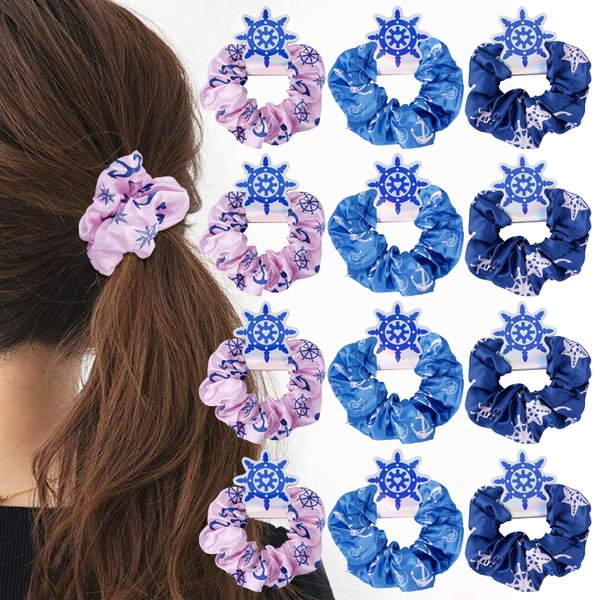 KARAQY 12 Pcs Nautical Hair Scrunchies, Nautical Anchor Print Elastic Silk Satin Hair Ties for Bachelorette Party Favors Wedding Bride Bridesmaid Supplies Accessories