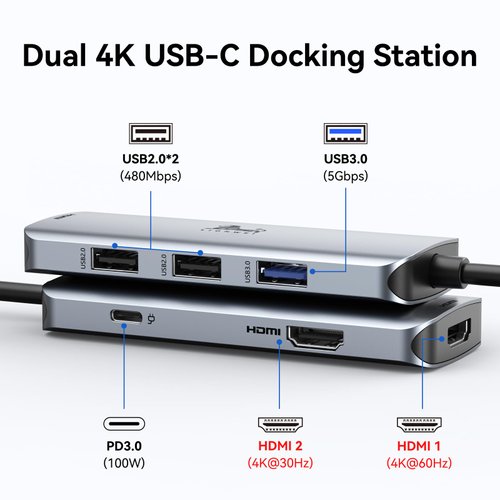 USB C Docking Station Dual Monitor, LIONWEI Laptop USB C Hub, USB C Dock Multiport Adapter with 2 4K HDMI, 3 USB-A/3.0/2.0, 100W Power Delivery, 6-in-1 USB Dongle for MacBook/Surface/Lenovo/Dell/HP