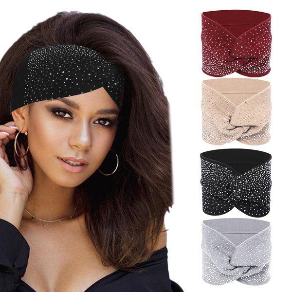 Sliverdew 4 PCS Rhinestone Stretch Headbands for Women,Boho Womens Headbands with Crystal Soft Breathable Stretch Wide Head Wrap Elastic Turban for Black Women Head Bands Hair Scarfs for Yoga,Running