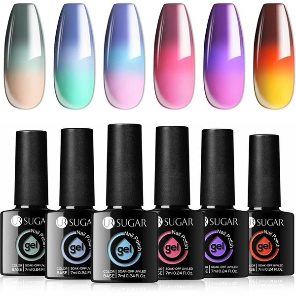 UR SUGAR Color Changing Gel Nail Polish Set, 6 Colors Temperature Red Pink Purple Mood Changing Long Lasting Soak Off Manicure DIY Home Kit for Women