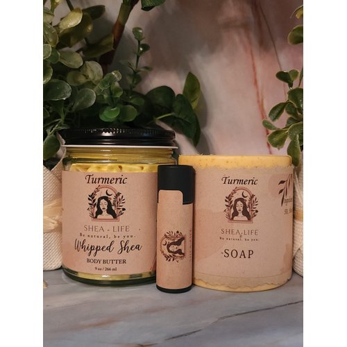 Turmeric Gift Box, Trio of Turmeric Whipped Body Butter and Turmeric Lip balm and Turmeric Soap. Super moisturizing and helps to tone your skin.