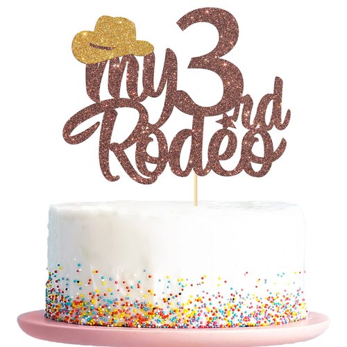 My 3rd Rodeo Cake Topper, Cowboy Cowgirl Theme Birthday Party Supplies, Western Kids First Rodeo Party/Baby Shower Decor, Happy 3 Years Old Birthday, Brown