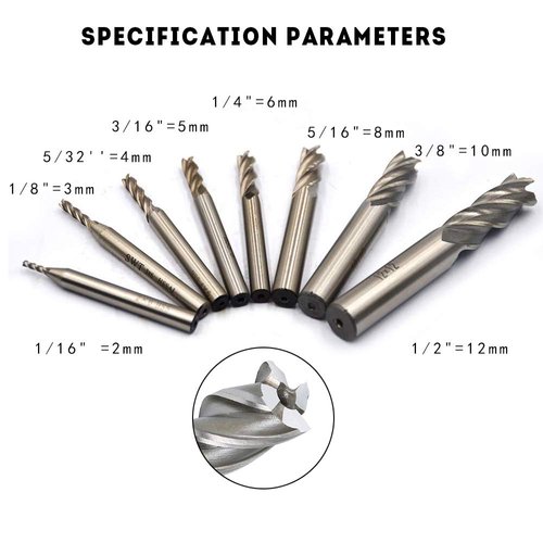 8Pcs End Mill Bits HSS CNC End Mill Cutter Drill Bits for Wood, Aluminum, Steel, Titanium, Straight 4 Flute Mill Bit Set 1/16"-1/2" by Oudtinx