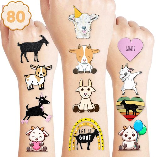 Goat Temporary Tattoos 8 Sheets 80 PCS Farm Goat Party Decorations Supplies Favors Animals Theme Birthday Cute Stickers Christmas Gifts for Boys Girls Kids Class School Prizes Carnival