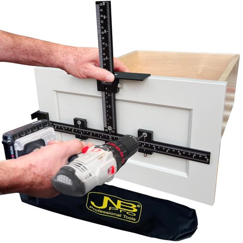 JNB Pro Cabinet Hardware Jig with Center Drill Guide, Accurate Cabinet Hole Drilling for Drawer/Cabinet Handles and Pulls, Easy Install Cabinet Tool - Full Aluminum Body with Free Carrying Case