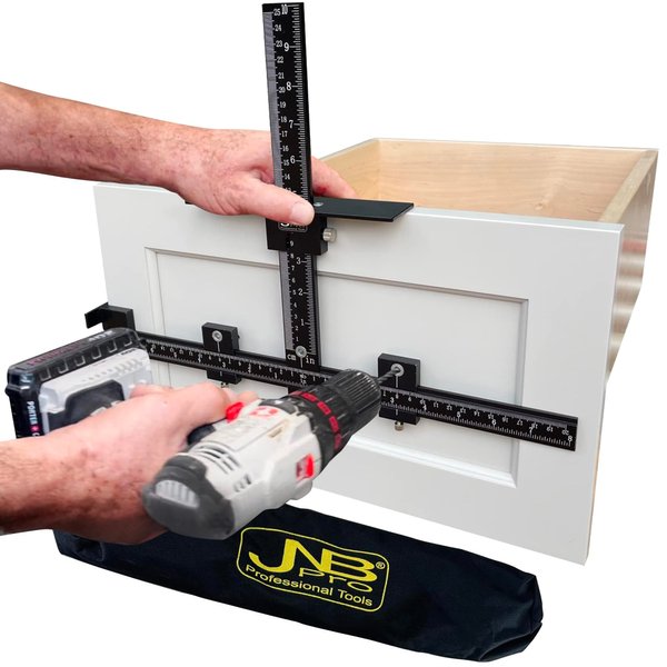 JNB Pro Cabinet Hardware Jig with Center Drill Guide, Accurate Cabinet Hole Drilling for Drawer/Cabinet Handles and Pulls, Easy Install Cabinet Tool - Full Aluminum Body with Free Carrying Case