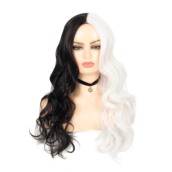 Kaneles Half Black Half White Wigs Long Curly Women Full Wigs for Cosplay Party or Daily Use with Wig Cap(Half Black Half White)