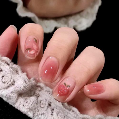 Blush Press on Nails Short Square Fake Nails Honey Peach Camellia Designs False Nails Full Cover Glue on Nails Coffin Acrylic Artificial Nails for Women Girls Stick on Nails Supplies Set 24Pcs