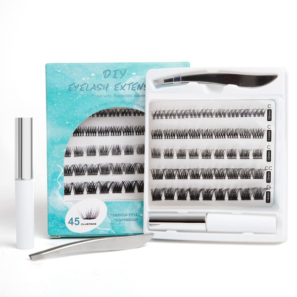 DGXWLLW False Lashes Clusters Five Styles 3D 10 mm to 14 mm Wispy Volume Lashes 45 Pcs Press on Thick Clusters Lashes Individual DIY Extension Eye Lashes Kit