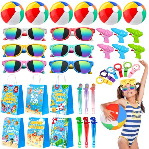 VICHTOP Pool Party Favors, Summer Beach Party Favors for Kids, Pool Party Decorations Supplies Including Beach Balls, Kids Sunglasses, Bubble Wands (36PCS Party Favors)