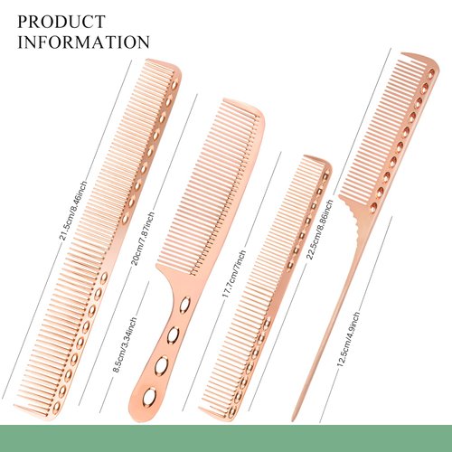 4 Types Metal Comb Professional Aluminum Dressing Comb Cutting Combs Set for Barber Hair Styling, Included Fine Cutting Comb, Rat Tail Comb, Detangling Comb, Handle Comb - Rose Gold