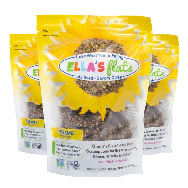 ELLA’S FLATS® Sesame All Seed Savory Crisps – All Natural, Gluten Free, Good Source of Protein, High Fiber, Vegan and Keto Friendly (3 Pack)
