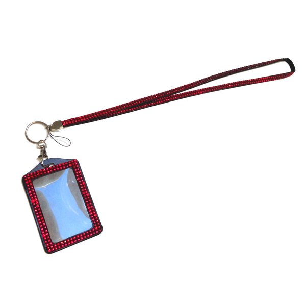 New Shimmering Bling Rhinestone Id Badge Lanyard with Detachable Bling Rhinestone Lined Id Holder, Gifts, Parties, Special Events, Work, or Play! (Cherry Red)