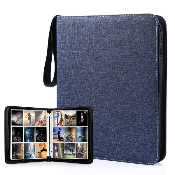 WOT I Trading Card Binder, 900 Pockets Collection Card Binder Sleeves with Polyester Fabric Cover&Zipper - Dark Blue