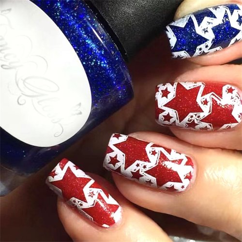 IDDFEVE 4th of July Press on Nails, Medium Square Independence Day Red&Blue Star Nails Designs Artificial Acrylic Holiday Nail Decorations for Women