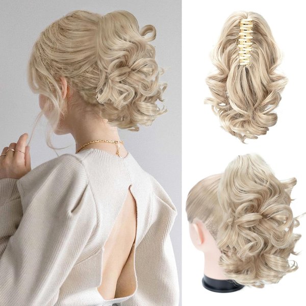Foaoit Blonde Ponytail Extension Curly Hair Pieces for Women 10 Inch Short Curly Ponytail Hair Clip In Loose Curly Wavy Synthetic Hair Exctensions for Girls (Light Ash Brown & Bleach Blonde)