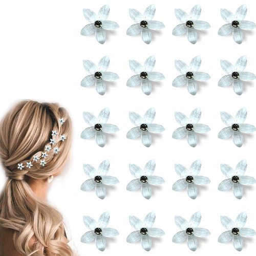 MOODKEY 20PCS Mini Flower Hair Clips with Rhinestone, Cute Flower Hair Clips Wedding Hair Pins Flower Crystal Hair Clips Hair Accessories for Women Girls Wedding Clip Bridesmaid Party(white)