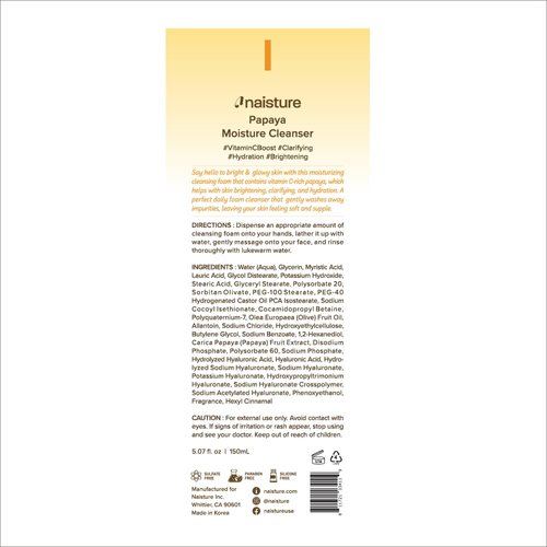 Naisture Foaming Facial Cleanser for Daily Face Wash Skincare with Hyaluronic Acid- Papaya Moisture Cleanser 5.07 fl.oz (150ml)