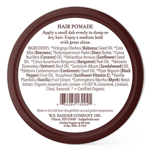 Badger - Hair Pomade, Certified Organic, Medium Hold Hair Pomade with Great Shine, Essential Oils, Mens Hair Pomade, 2oz (2 Pack)