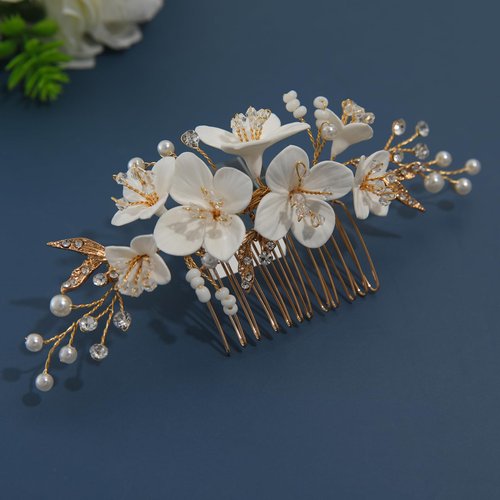 New Soft Material Polymer Clay White Flower Wedding Hair Accessories for Women Handmade Pearl Gold Wedding Hair Comb Bridal Jewelry