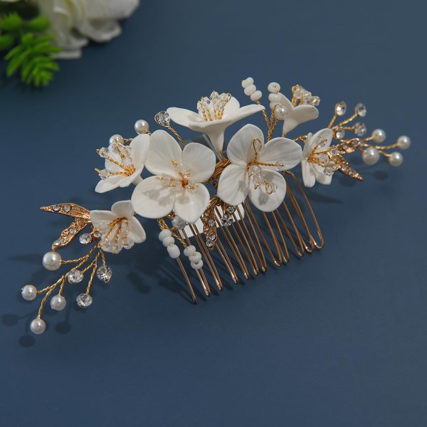 New Soft Material Polymer Clay White Flower Wedding Hair Accessories for Women Handmade Pearl Gold Wedding Hair Comb Bridal Jewelry