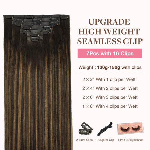 GOO GOO Seamless Clip In Hair Extensions Remy Real Human Hair Extension with Invisible PU Skin Weft 22 Inch 150g 7pcs Dark Brown to Chestnut Brown Natural & Thick & Straight Hair Extensions for Women