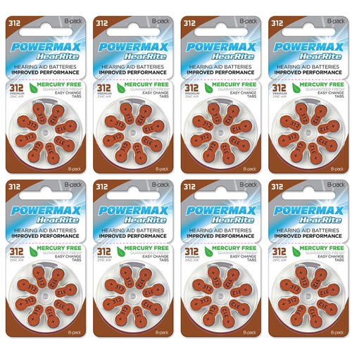 Powermax Size 312 Hearing Aid Batteries, Made In USA, Brown Tab, 64 Count