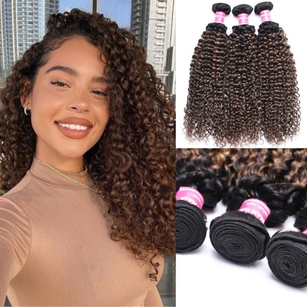 Sunber 12A Ombre Brown Curly Human Hair 3 Bundles 100% Brazilian Virgin Jerry Curly Human Hair Extensions Brown Highlight Weaves Piano Color (18 20 22) Inch Two Tone FB30 Brown Color