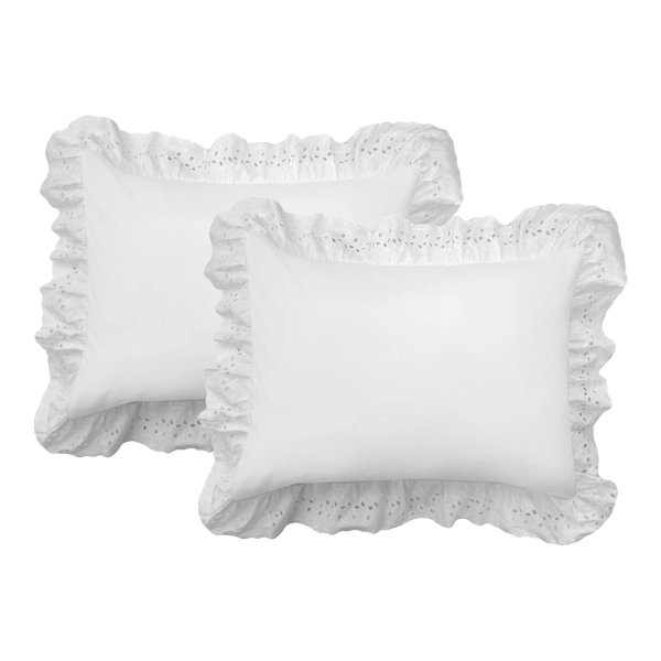 Fresh Ideas Ruffled Bed Pillow Shams with Embroidered Eyelet Detail, King, White, 2-Pack