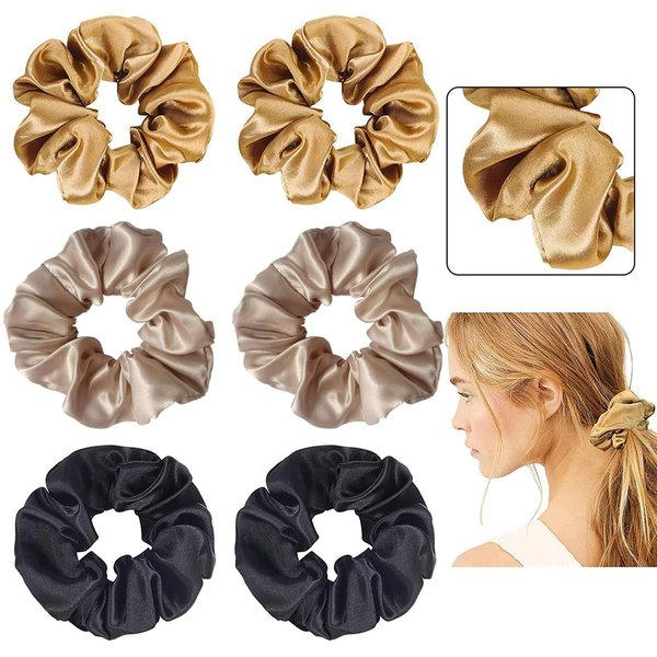 Satin Hair Scrunchies for Women - Scrunchies for Curly Hair,Softer Than Silk Scrunchies for Hair Silk Hair,Silk Hair Ties No Damage, Elastics Ponytail Holder 6pcs (Black/Champagne/SandyBrown)