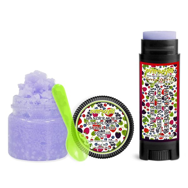 Mountain Berry Soothing & Luscious Lips by OverSoyed Exfoliator & Chapped Lip Repair Lip Care Combo | Artisan Handcrafted to Order Fruity Berries Strawberry Blackberry Raspberry Flavored Exfoliating Sugar Lip Scrub & Lip Moisturizer Balm Gift Set