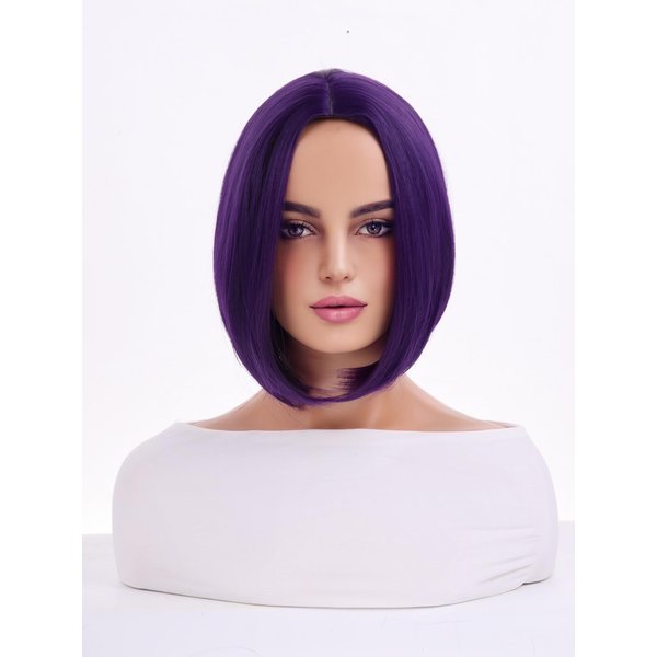 WTHCOS Dark Purple Bob Wig Short Straight Synthetic Purple Hair Wig for Women Girls Middle Part Wig Heat Resistant Synthetic Hair Wigs for Daily Use Cosplay Anime Wig With Wig Cap