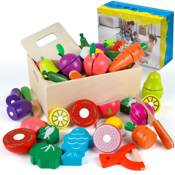 Kauxea Wooden Play Food for Kids Kitchen, 32PCS Pretend Cutting Fruits Vegetables Food Play Toy Sets, Early Education Montessori Kids Toys, for Toddlers and Kids Ages 3+