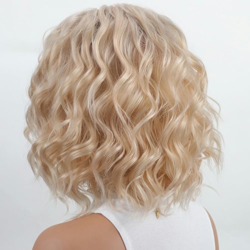 RENERSHOW Short Platinum Blonde Wave Curly Wigs for White Women Layered Ombre Light Blonde Wavy Bob Wig with Dark Roots Medium Length Puffy Synthetic Daily Party Wig