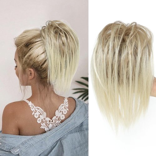 YOLANFAIRY Messy Bun Hair Piece Claw Clip in Hair Buns Hair Piece for Women Straight Short High Ponytail Extension Tousled Updo Faux Hair Bun Scrunchies for Girls (Dirty Blonde Mix Blonde)