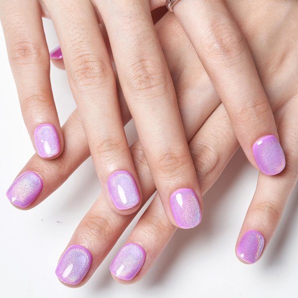 GLAMERMAID Press on Nails Extra Short Squoval, Spring Summer Handmade Rainbow Purple Gel Nails Polish Glue on Nails, 24Pcs Glossy UV Finish Fake Nail Acrylic False Nails Manicure Kits for Women Gift